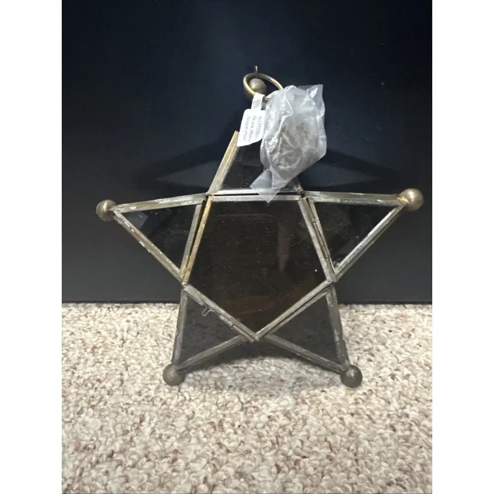NEW Pier 1 Amber Moroccan Star Lantern Candle Holder Leaded Glass 8” Tea Lights